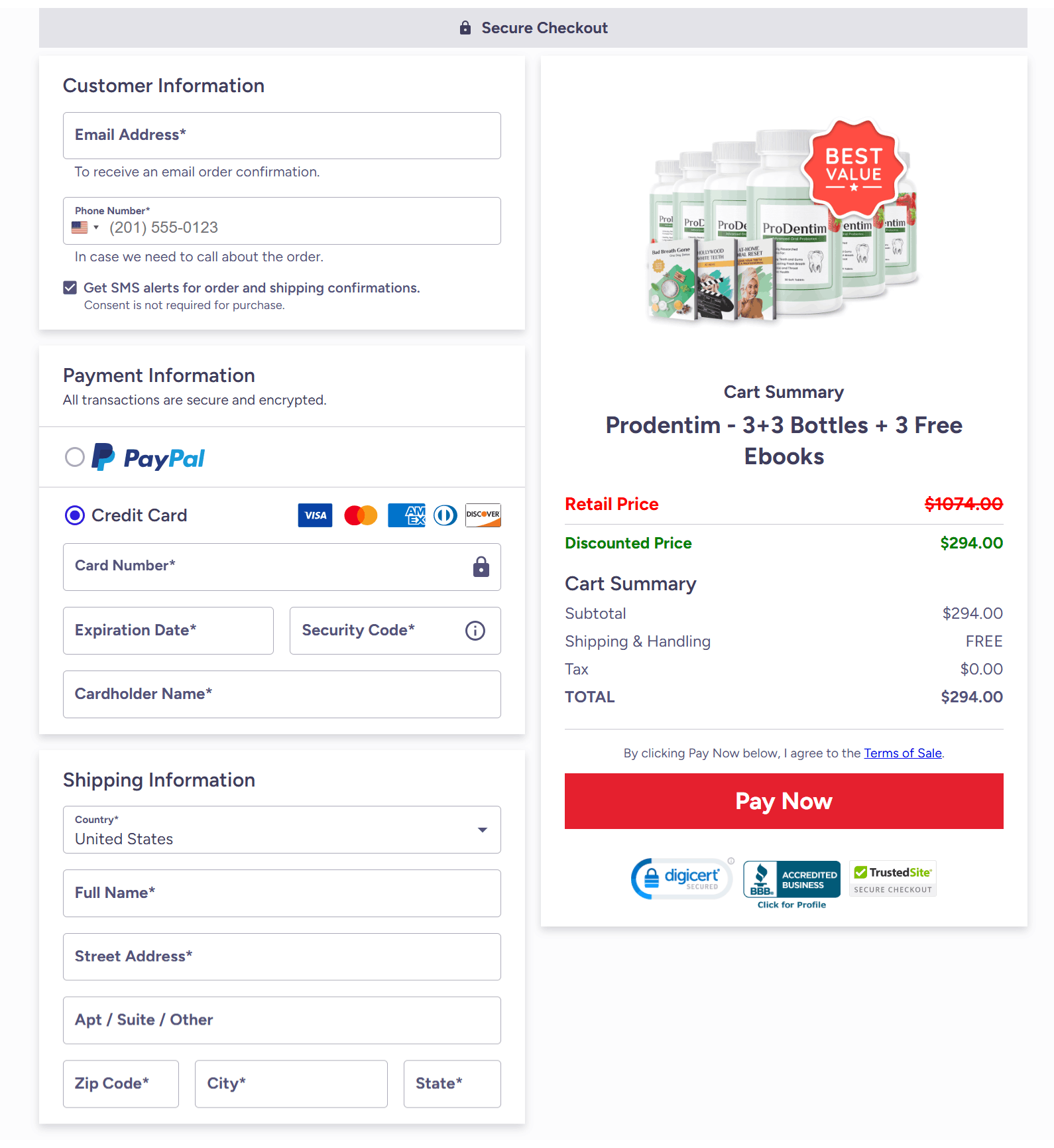 Secure ProDentim checkout and order page